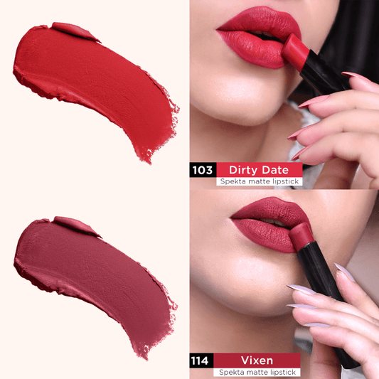 Matte Lipstick Pack of 2 - Fiery Red (103 Dirty Date, 114 Vixen) - Spekta Cosmetics