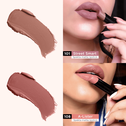 Matte Lipstick Pack of 2 - Naughty Nudes (101 Street Smart, 108 A - Lister) - Spekta Cosmetics